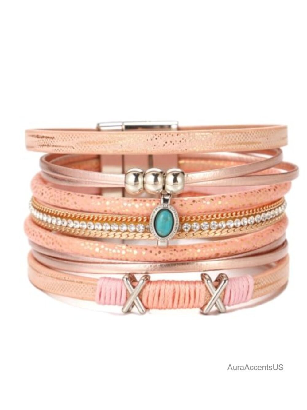 Layered Wrap Leather Cuff Bracelet Boho Rhinestone Clasp